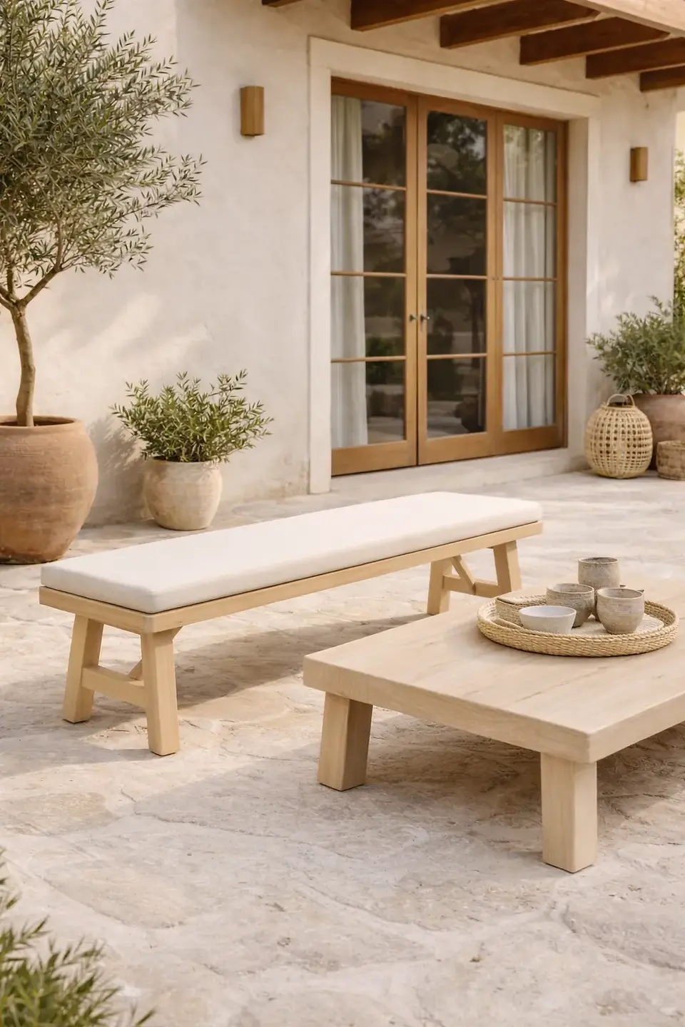 patio exterior con mesa y butaca. Hay macera con plantas y todo es de color beige
