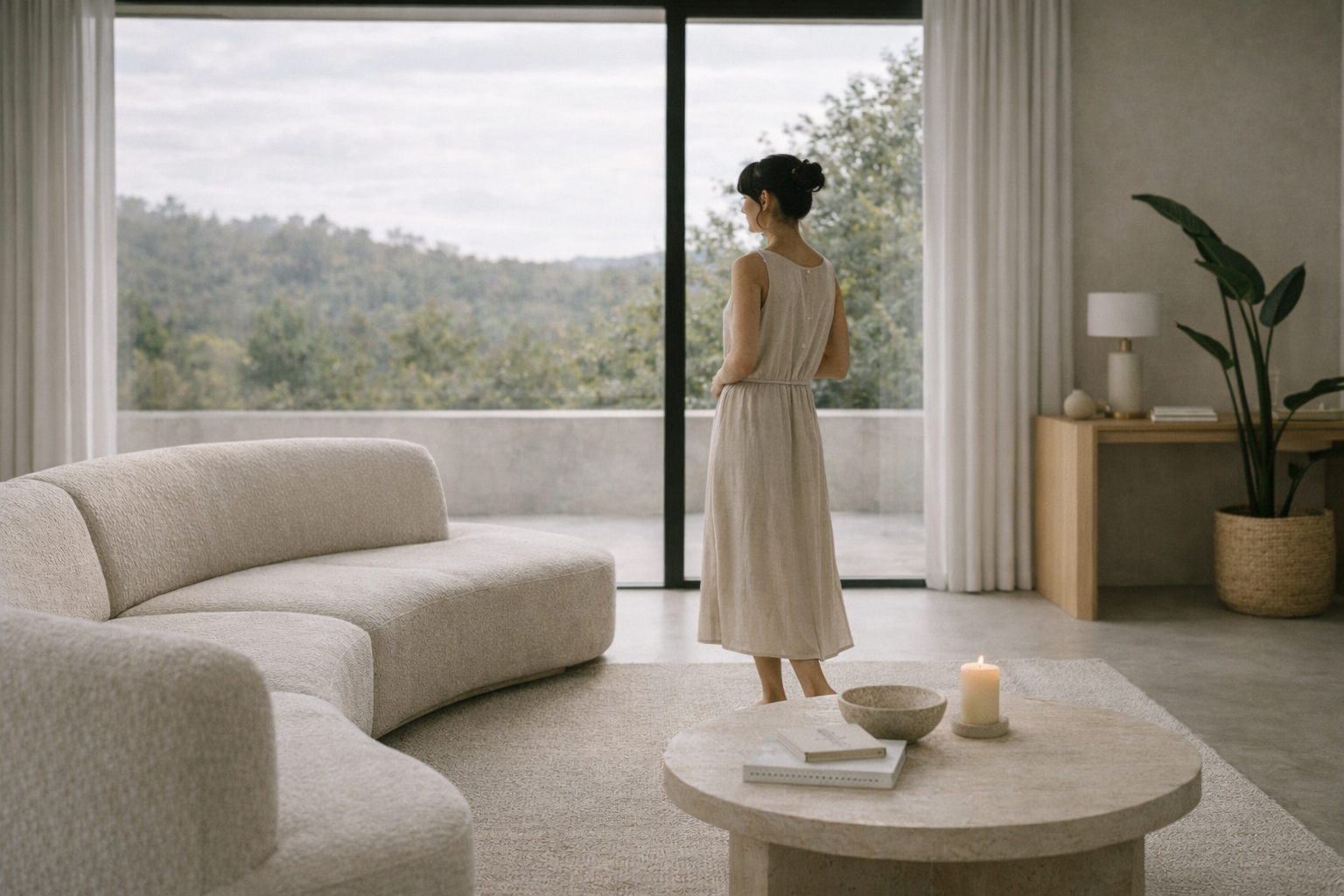 Mujer mira al ventanal. Está en un salón todo beige con un sofá, una mesa circular, un mueble con una lámpara y una maceta .