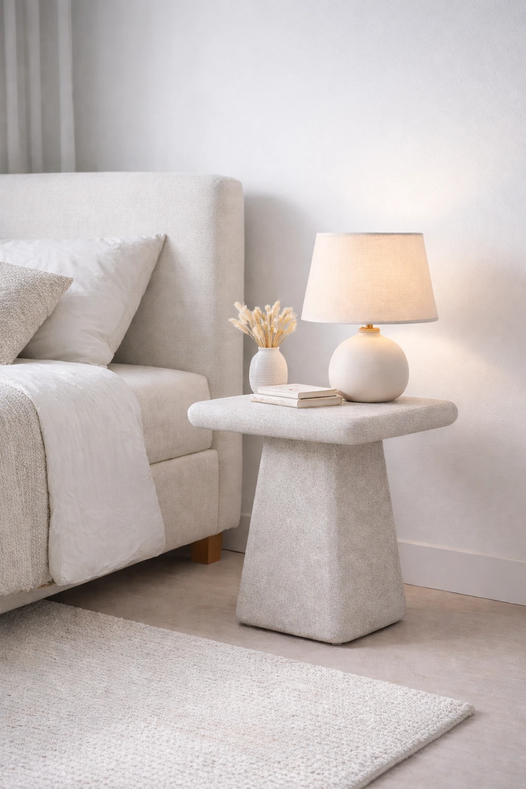 mesita de noche con libros y una lámpara. Al lado hay una cama y todo es de color beige