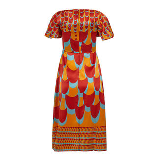 vestido de manga curta estampado em laranja, vermelho e azul
