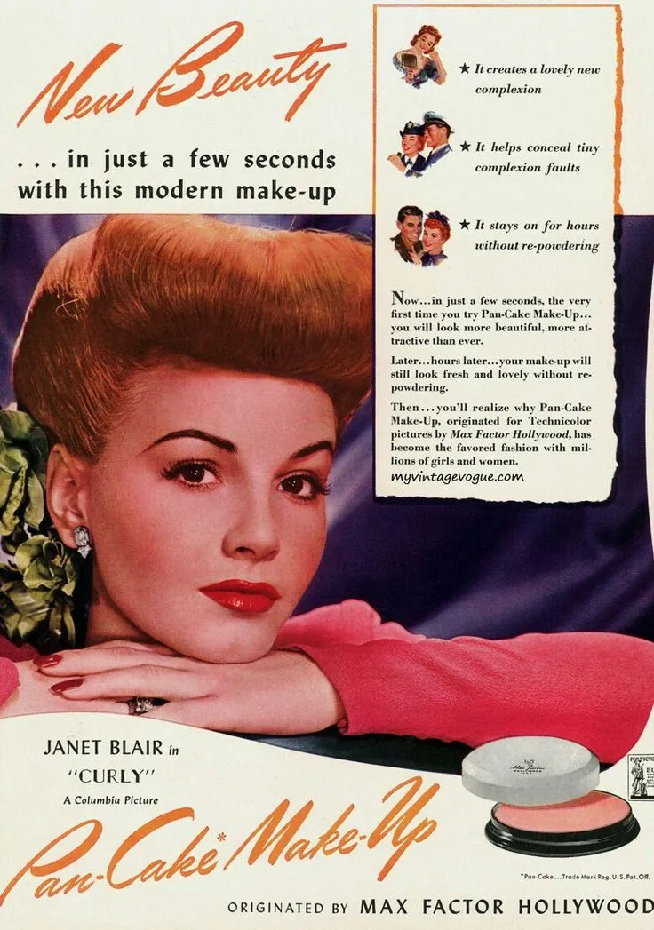 página de revista promocionando maquillaje donde se ve a una mujer rubia con los labios rojos y camiseta rosa