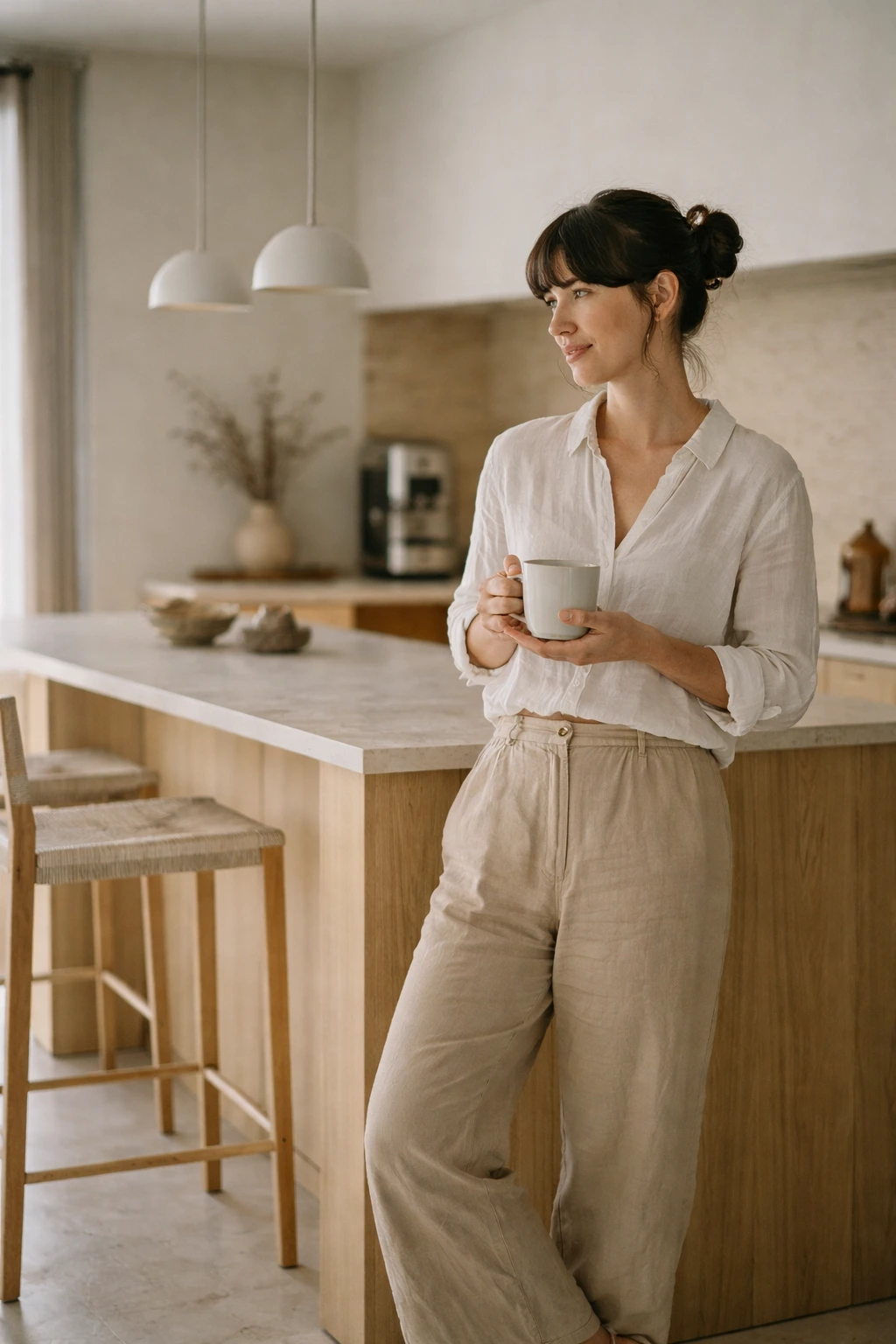Mujer tomando una bebida de una taza y apoyada en la cocina