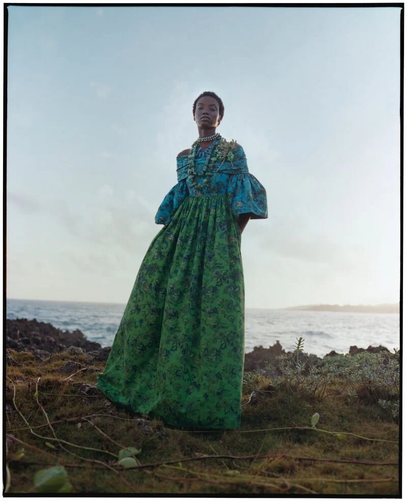 chica con vestido azul y verde en la naturaleza 