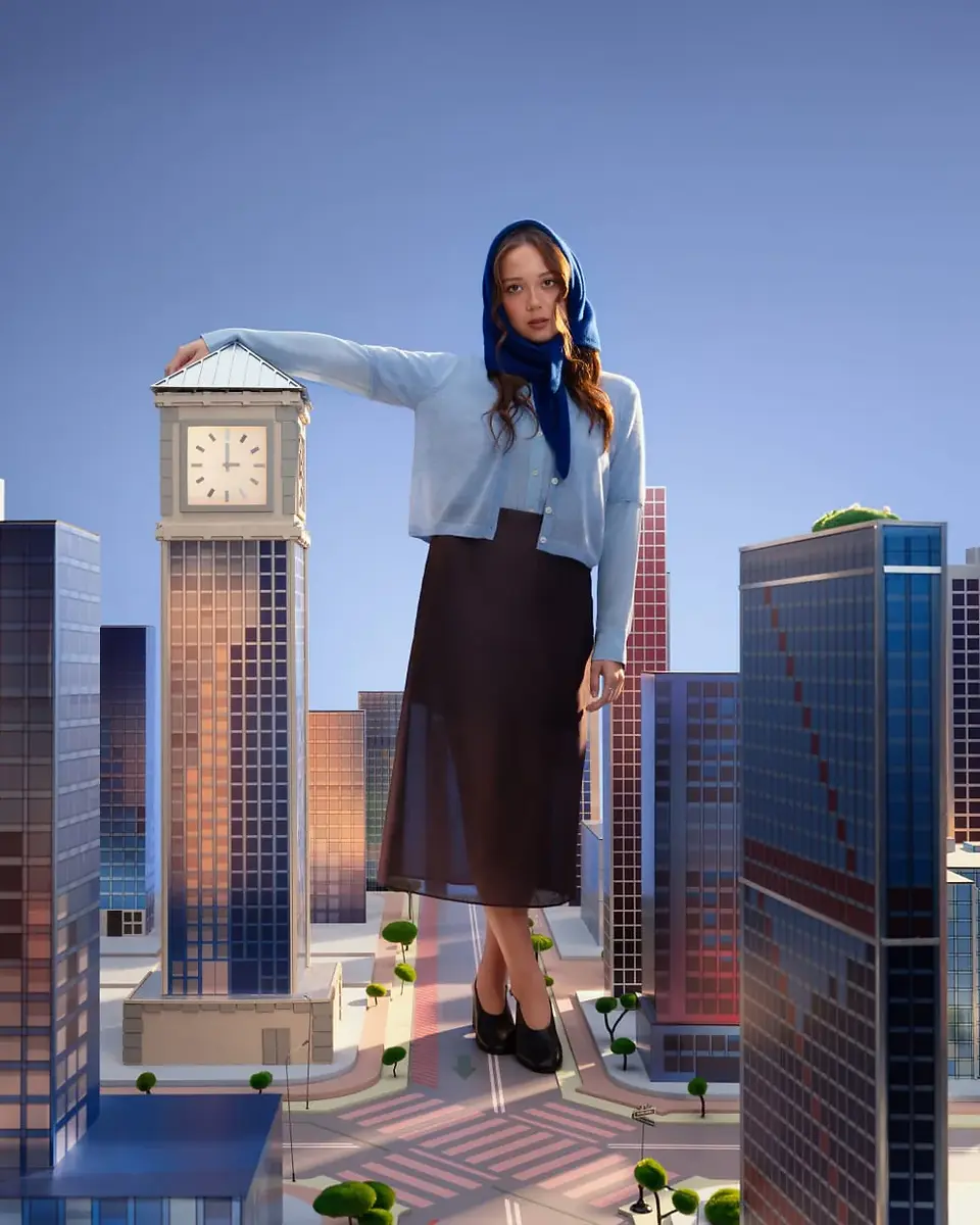 Chica de pie en una ciudad en miniatura. Lleva un pañuelo azul que le cubre el pelo, una chaqueta azul, una camiseta azul, una falda marrón y unos zapatos oscuros