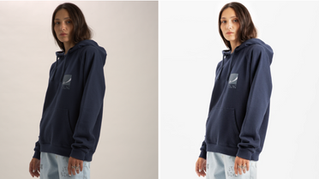 Retoque fotografía de una imagen donde se muestra a una chica con el pelo largo vestida con una sudadera azul marino y unos vaqueros claros