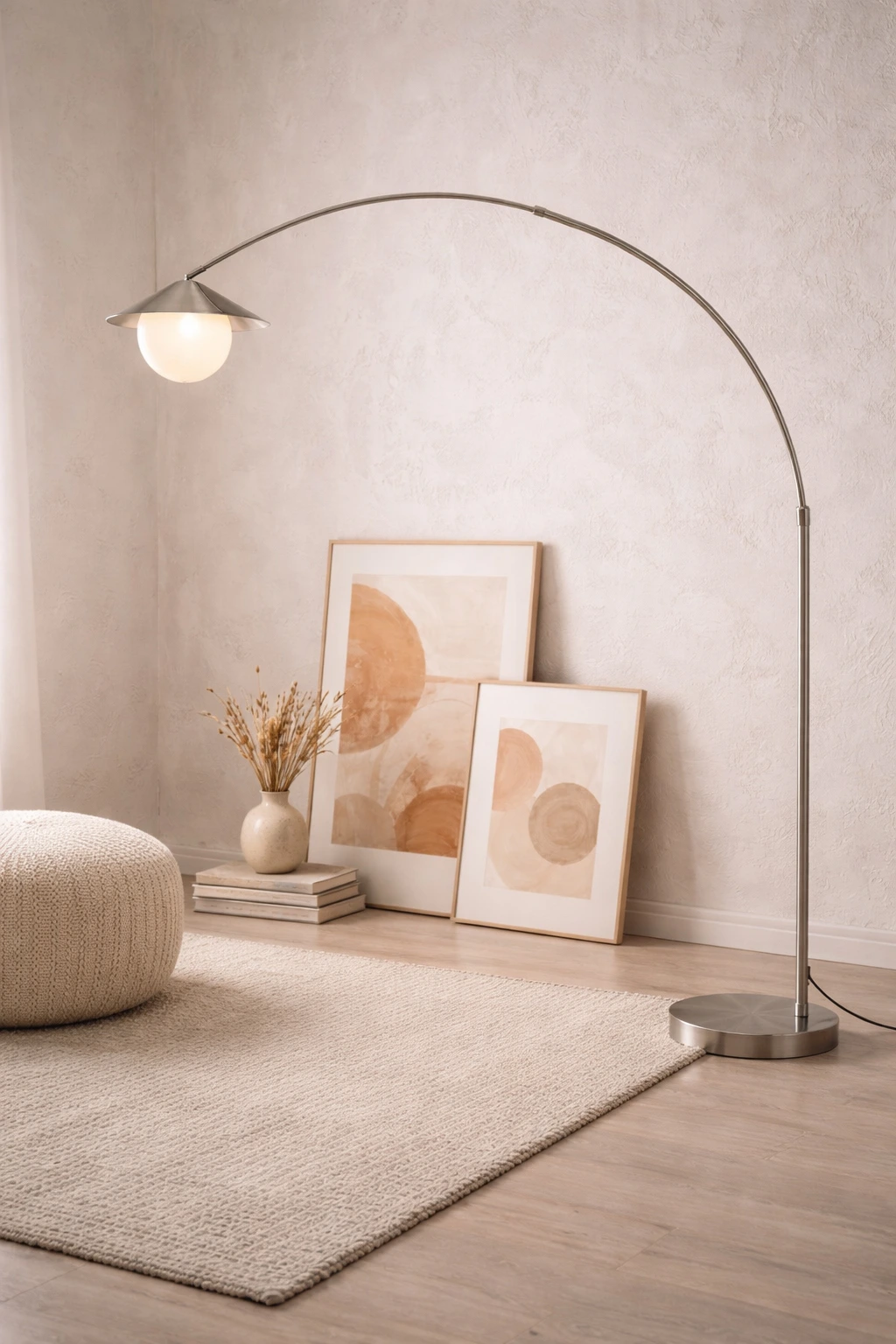 habitación con lámpara, cuadros en el suelo y alfombra. Todo tiene un color beige