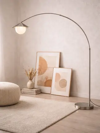 habitación con lámpara, cuadros en el suelo y alfombra. Todo tiene un color beige