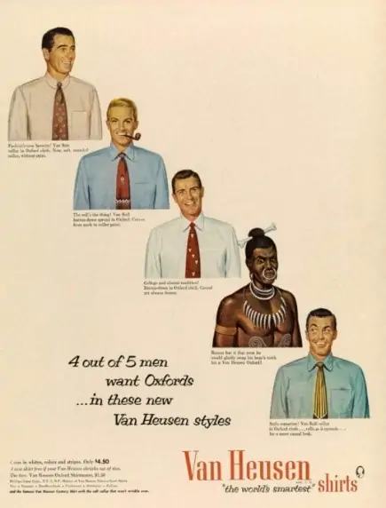 Publicidad de camisas de la marca Van Heusen. Cuatro hombre con camisa junto con un indígena.