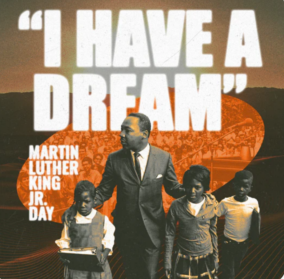 Man in a suit with three children in front of a crowd. Large text: I HAVE A DREAM. Mood is hopeful and historic. Brown and orange tones.