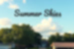Trees and houses under a blue sky with fluffy clouds. Text reads "Summer Skies, a devotional." Peaceful suburban setting.