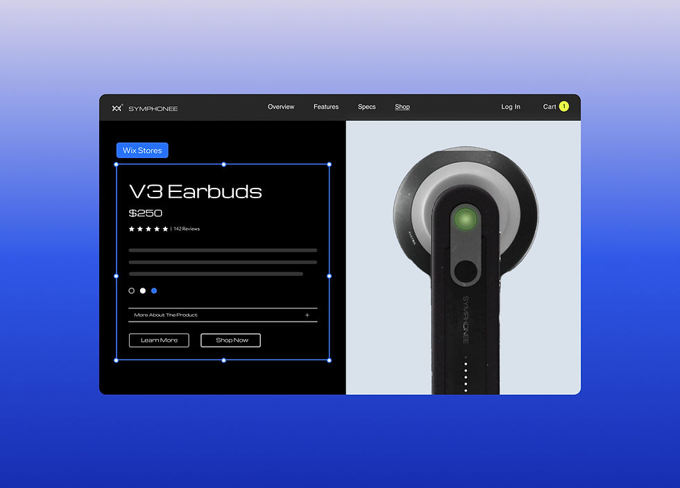 V3 Earbuds product page with Wix Stores functionality, featuring price, reviews, and buttons for 'Learn More' and 'Shop Now’.