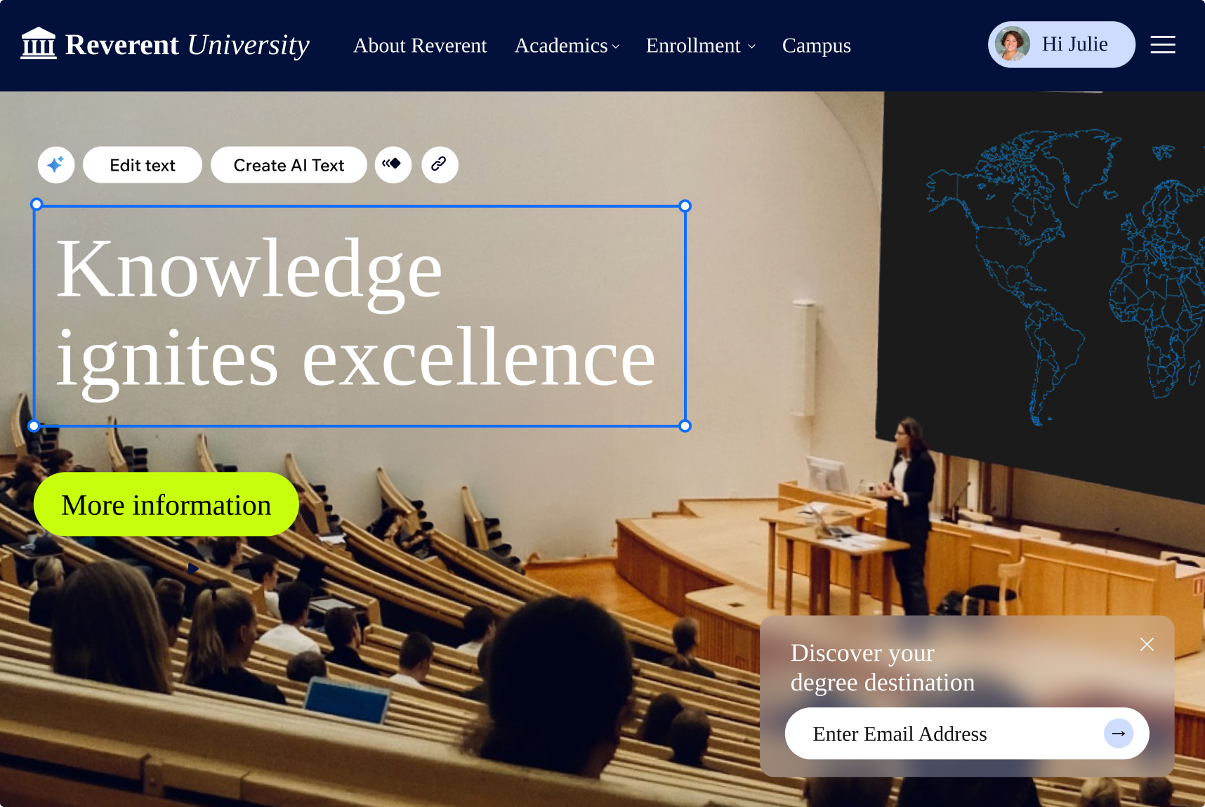Webpage for Reverent University featuring a speaker in an auditorium and a call-to-action for degree inquiries.