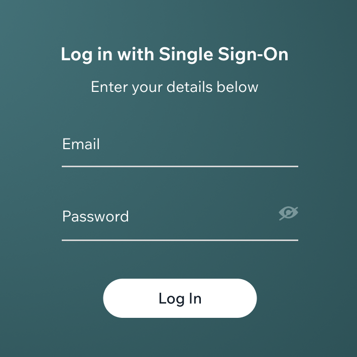 Login screen for Single Sign-On with fields for email and password, featuring a 'Log In' button.