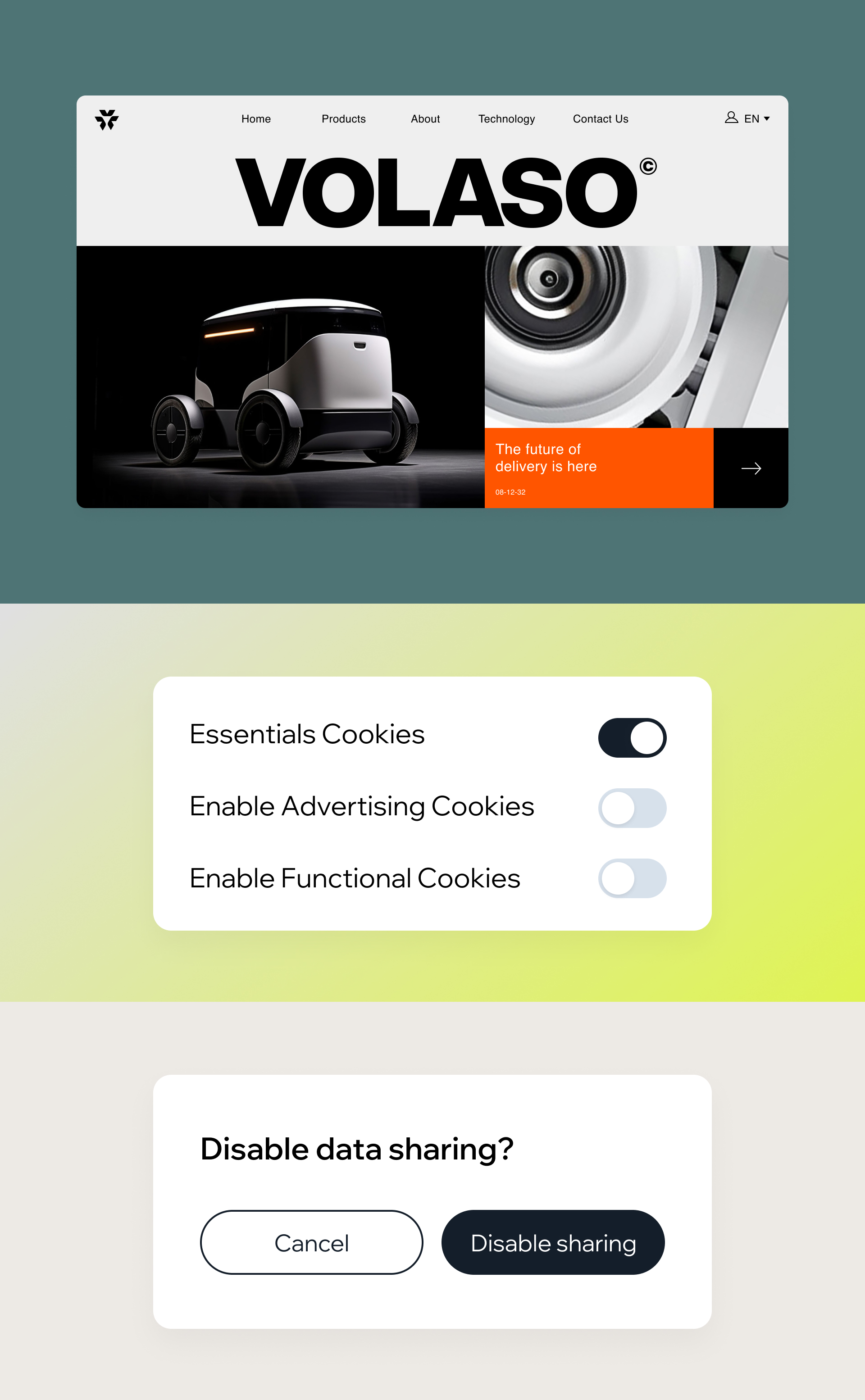 Volaso homepage featuring a black and white autonomous delivery vehicle and the text “The future of delivery is here.”
