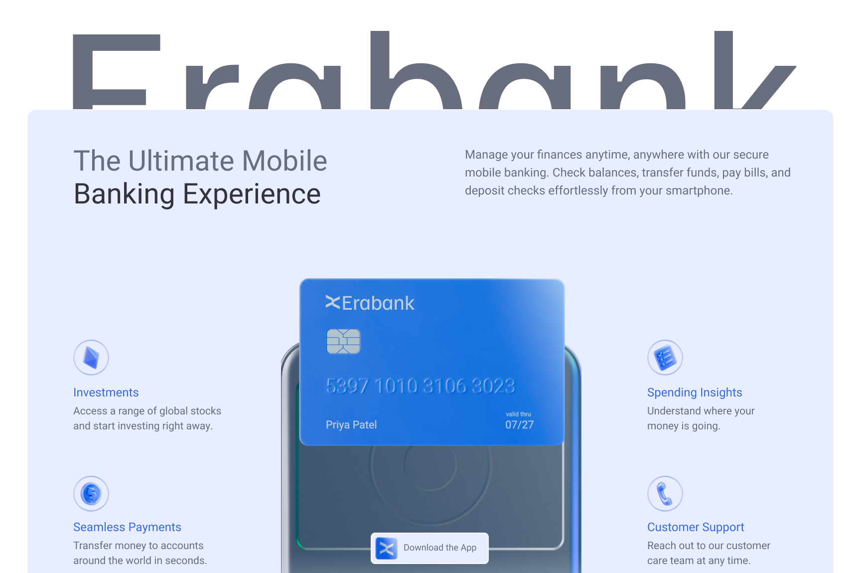Mobile banking webpage for Erabank highlighting features like investments, spending insights, and customer support options.