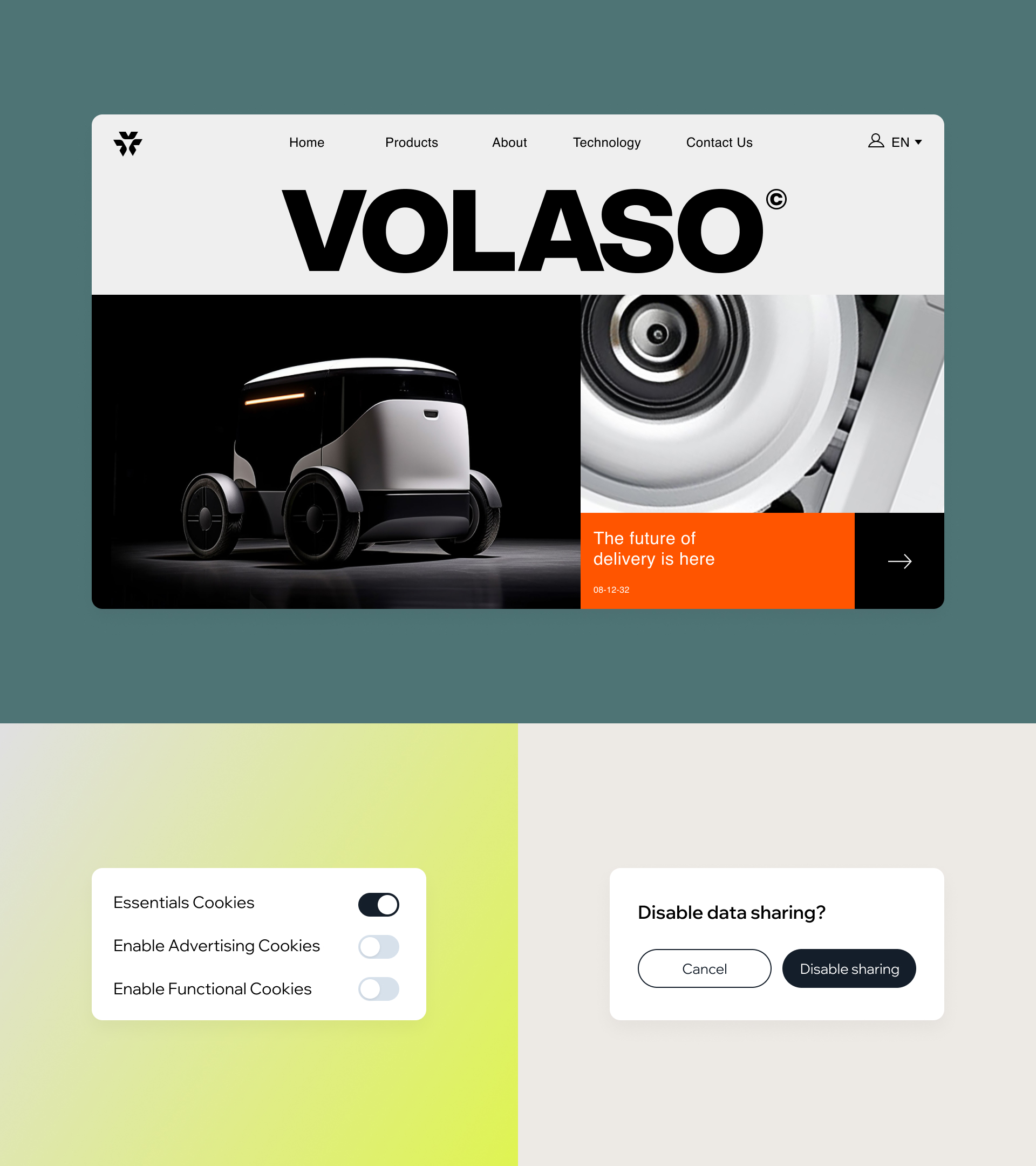 Volaso homepage featuring a black and white autonomous delivery vehicle and the text “The future of delivery is here.”