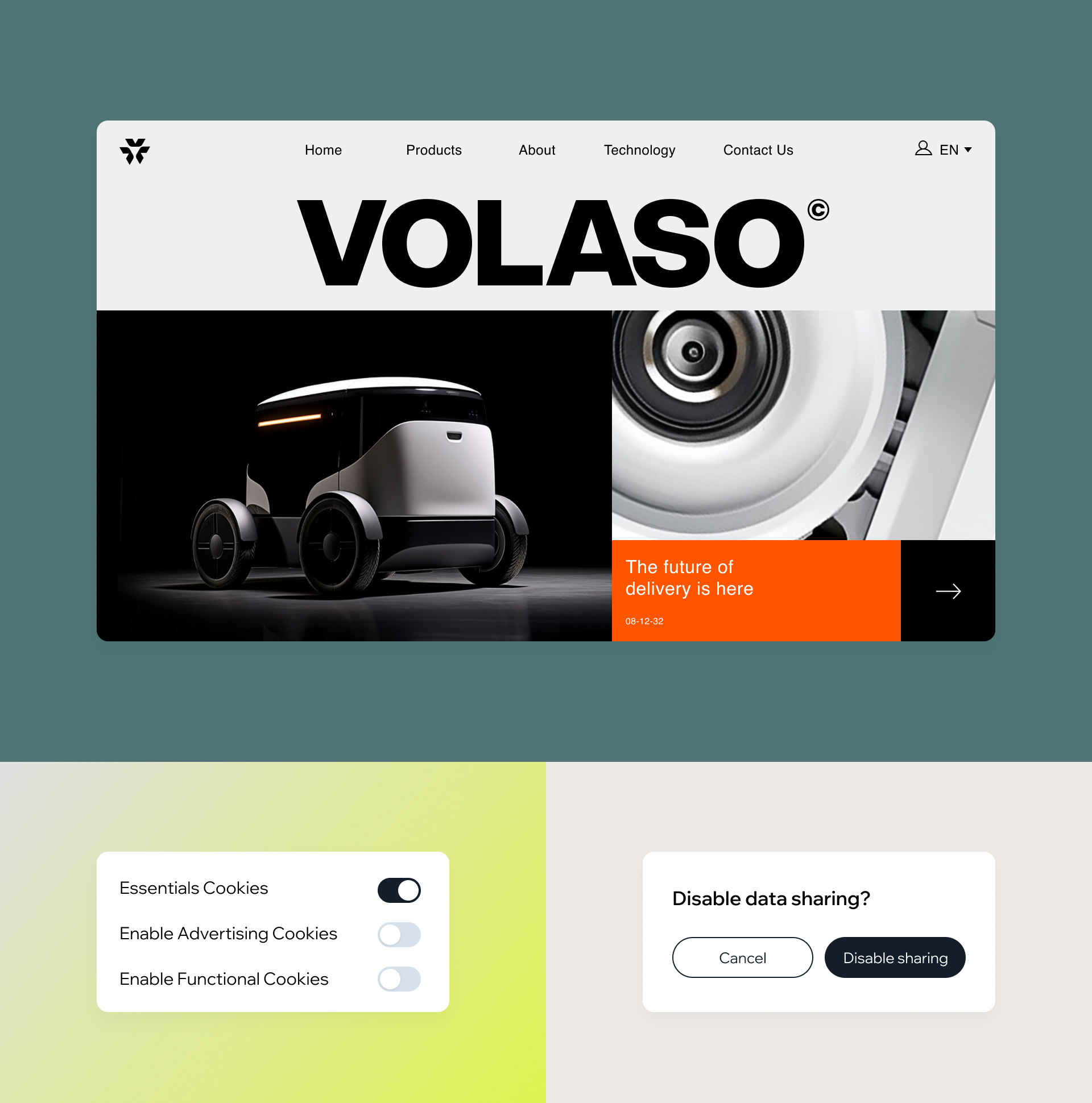 Volaso homepage featuring a black and white autonomous delivery vehicle and the text “The future of delivery is here.”