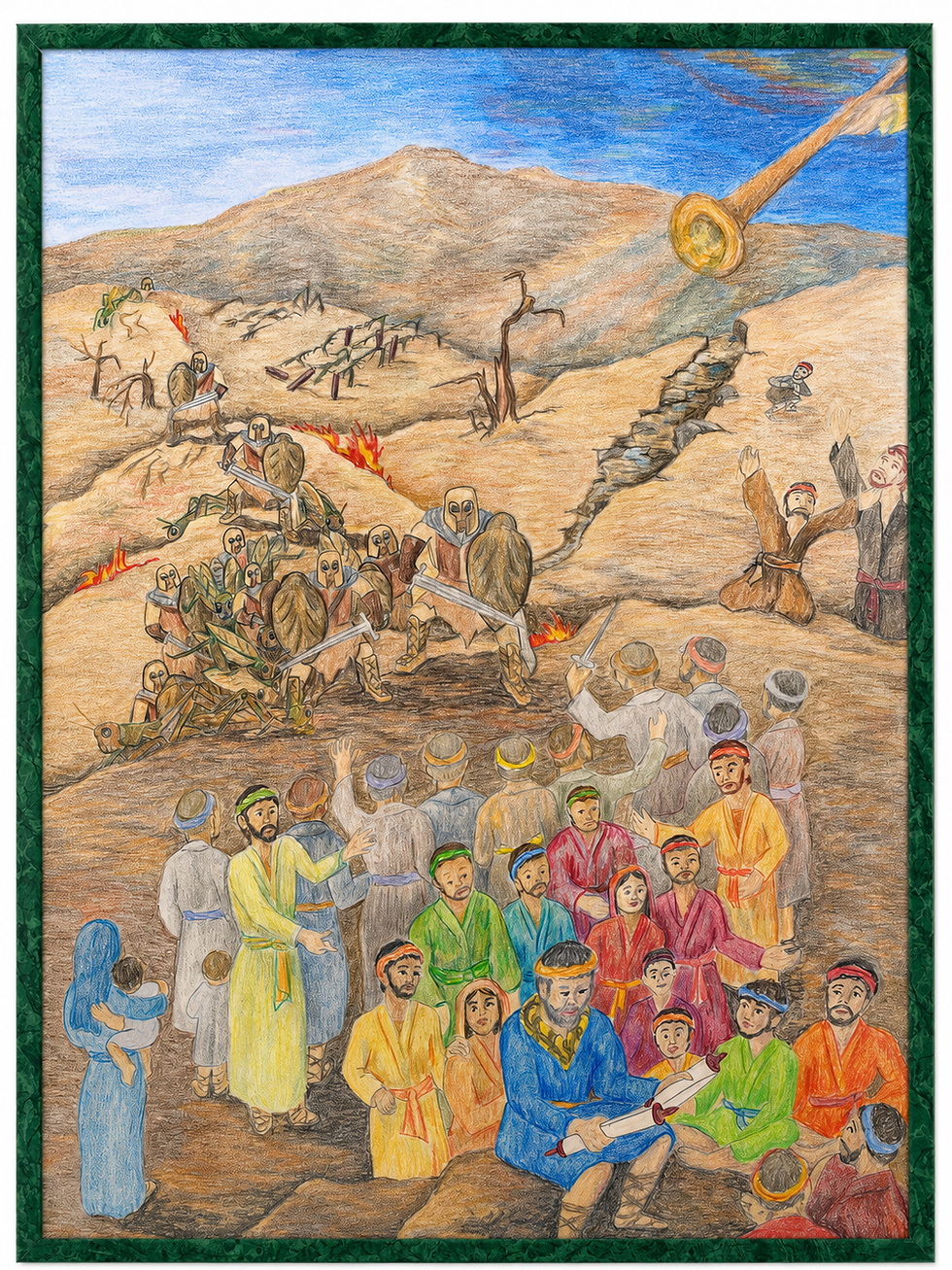 Dibujo de arte popular con lápices de colores sobre Joel, de Maeona L. Urban, que muestra una devastadora invasión de langostas, campos arruinados, una higuera desnuda, sequía, fuego, animales moribundos, una trompeta anunciando el Día del Señor, personas lamentándose y dos grupos que representan resistencia y arrepentimiento.