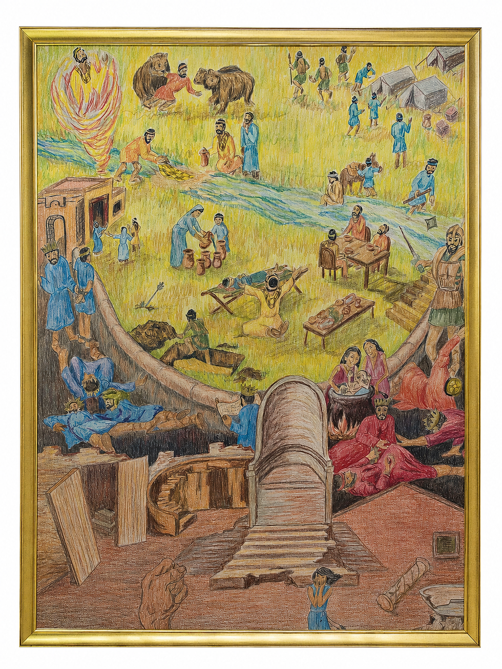 Dibujo de arte popular con lápices de colores sobre 2 Reyes, de Maeona L. Urban, que muestra a Elías llevado en un torbellino, los milagros de Eliseo, reyes y batallas, hambre y sufrimiento, la caída de Israel y Judá, la destrucción de Jerusalén y el colapso de ambos reinos.