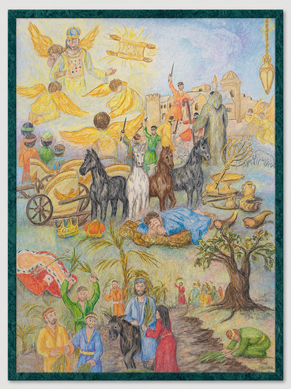 Dibujo de arte popular con lápices de colores sobre Zacarías, de Maeona L. Urban, que muestra visiones simbólicas de caballos, cuernos, una línea de medir, el sumo sacerdote Josué con vestiduras limpias, un candelabro y árboles, un rollo volador y carros enviados por toda la tierra, todos ellos relacionados con corrección, restauración y promesa futura.