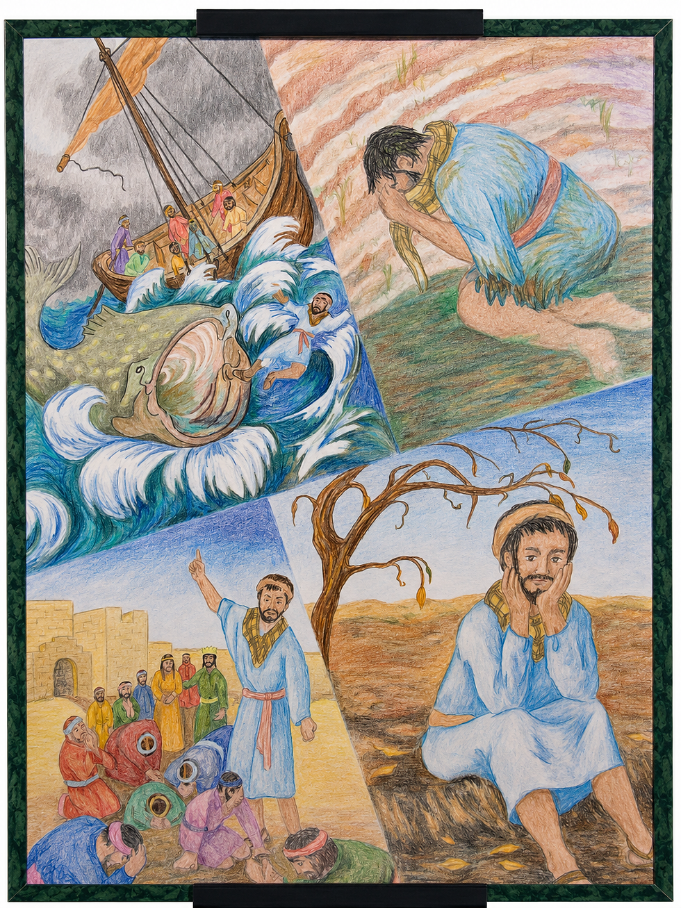 Dibujo de arte popular con lápices de colores sobre Jonás, de Maeona L. Urban, que muestra a Jonás huyendo en un barco, siendo tragado por un gran pez, orando dentro del pez, predicando en Nínive y sentado fuera de la ciudad bajo una planta mientras Dios le enseña compasión.