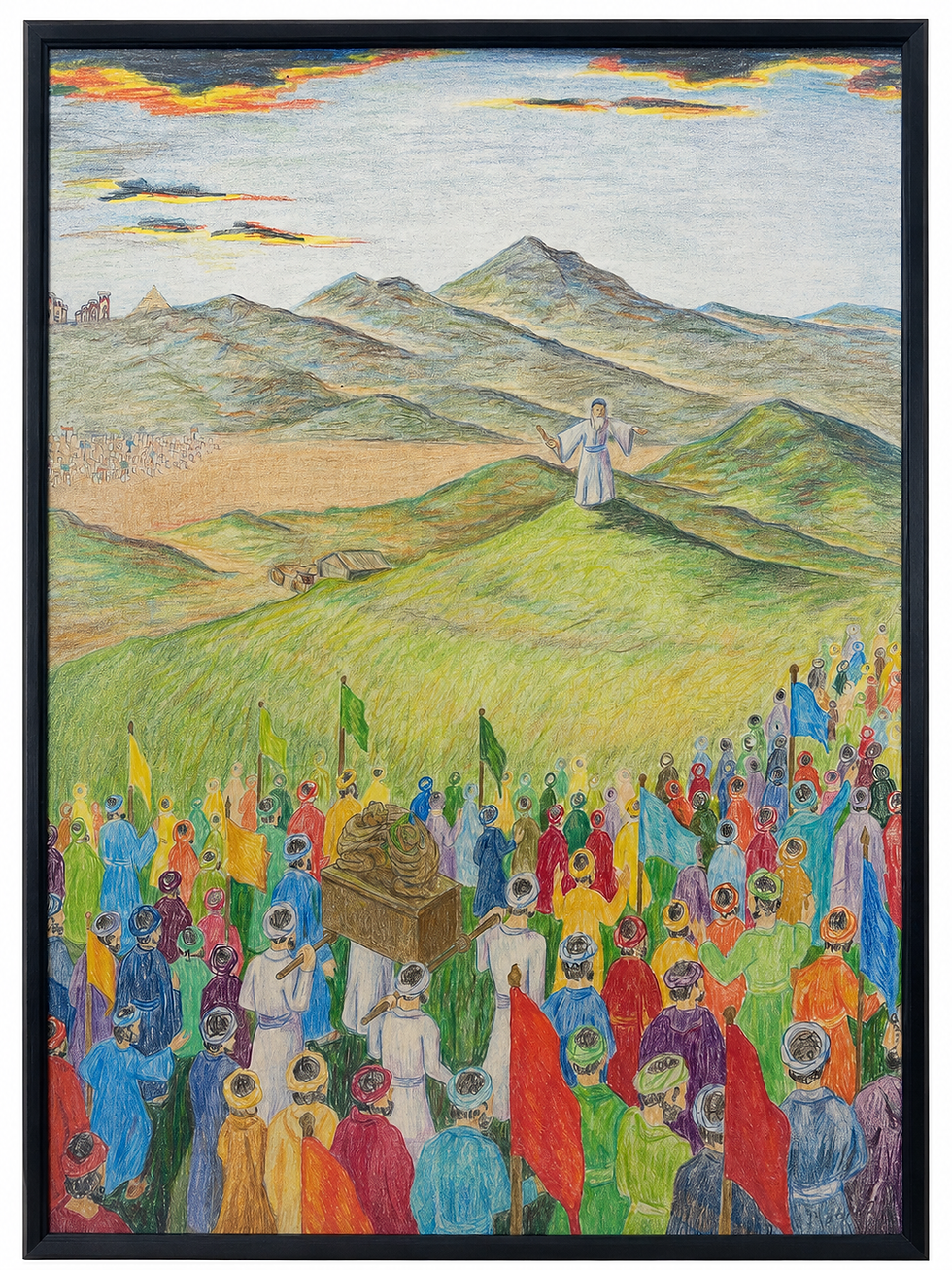 Dibujo de arte popular con lápices de colores sobre Deuteronomio, de Maeona L. Urban, que muestra a Moisés señalando hacia la Tierra Prometida y símbolos que recuerdan Génesis, Éxodo, Levítico y Números, entre ellos el monte Sinaí, el tabernáculo, estandartes tribales, tumbas del desierto y el arca del pacto.