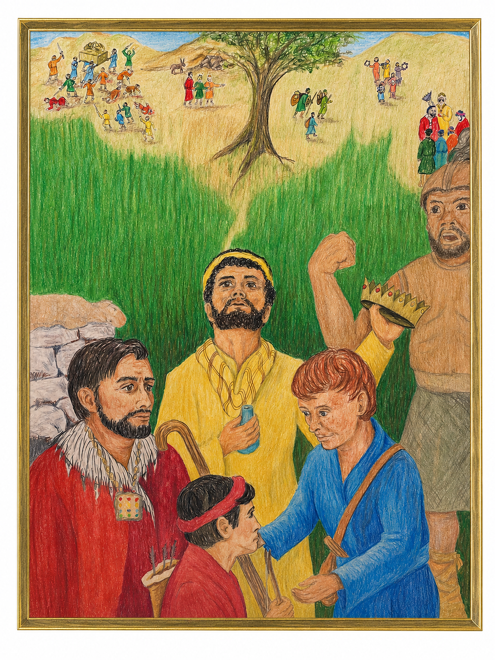 Dibujo de arte popular con lápices de colores sobre 1 Samuel, de Maeona L. Urban, que muestra a Samuel entre Saúl y David, a Jonatán con su arco y sus flechas, un guerrero filisteo, el arca del pacto, el sacrificio de Saúl y escenas que representan la unción de los primeros dos reyes de Israel.