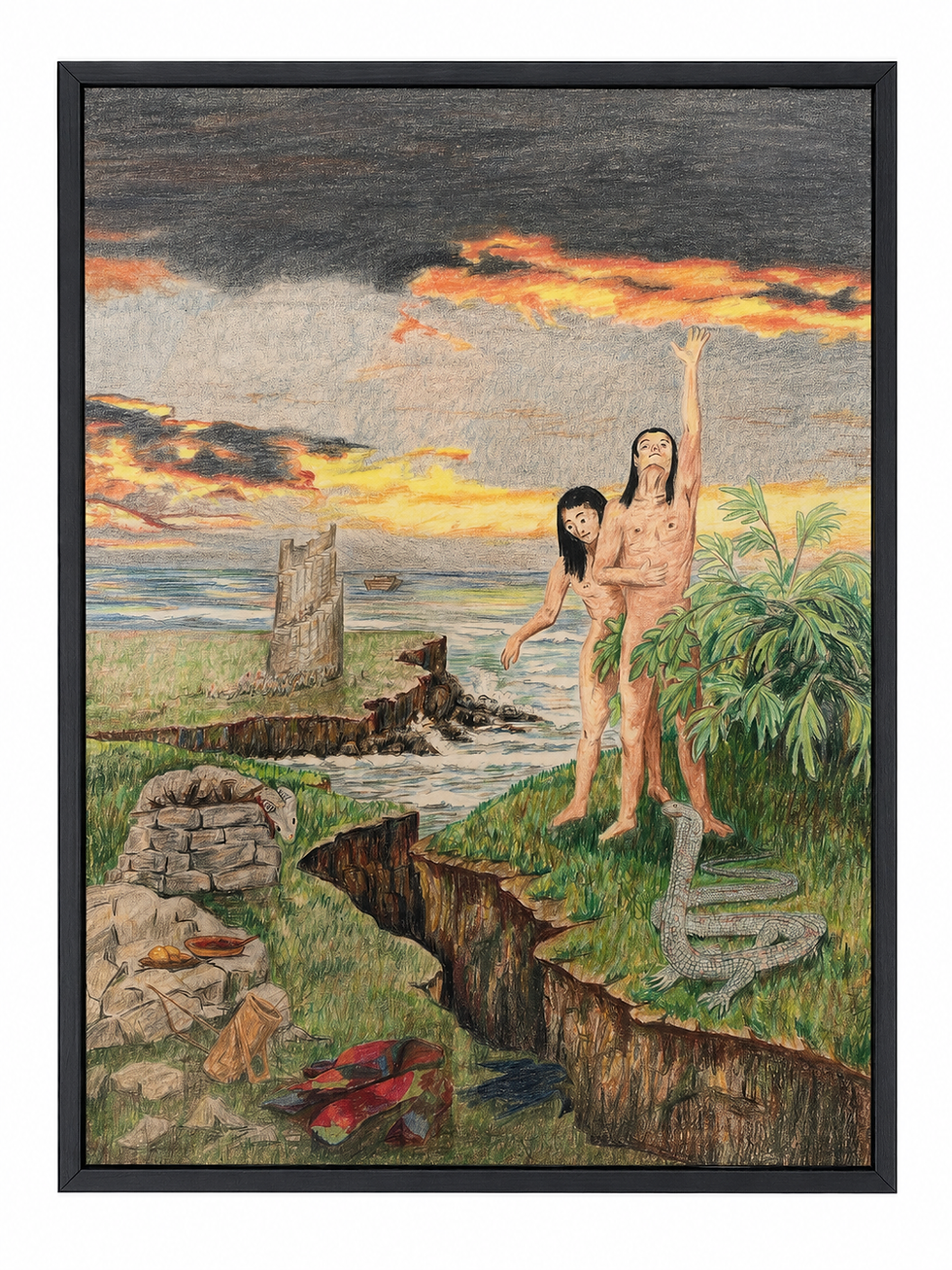 Dibujo de arte popular con lápices de colores sobre Génesis, de Maeona L. Urban, con escenas de la creación, Adán y Eva, el diluvio, la torre de Babel y las historias de Abraham, Isaac, Jacob y José.