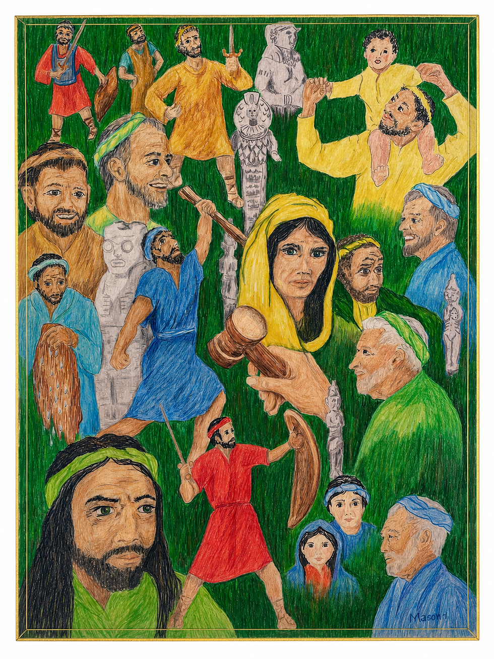 Dibujo de arte popular con lápices de colores sobre Jueces, de Maeona L. Urban, que muestra a varios jueces de Israel, entre ellos Débora, Gedeón, Samgar, Barac y Sansón, junto con ídolos y una mano simbólica que sostiene un mazo para representar el juicio.