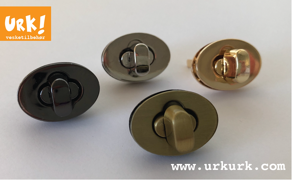 sytilbehør veske, veskelås, vrilås veske, rund lås til veske, oval veskelås, veskemetall, veskeutstyr, vesketilbehør, sysaker