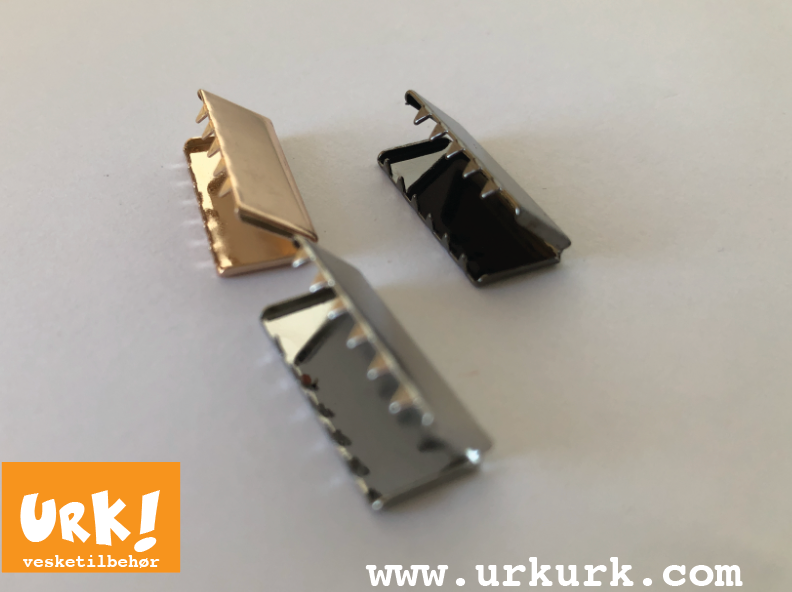 metall til veske, reimavslutning, endestykke til reim, seleklips, metall til enden av belte, vesketilbehør, veskemetall