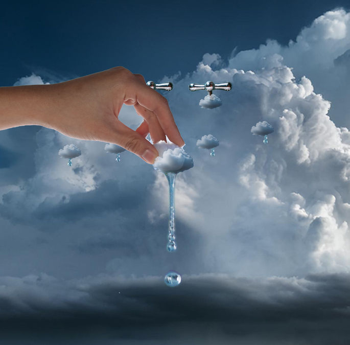 A stormy sky with dark grey and blue sky and clouds. There are taps in the sky as well as little storm clouds, rain drops and a hand squeezing a cloud as water drips down. This indicates severe storms due to human-induced climate change.