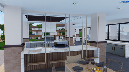 Outdoor kitchen design with hanging seats