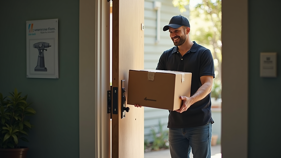 Eye-level view of a delivery driver handing over a package at a Brisbane doorstep