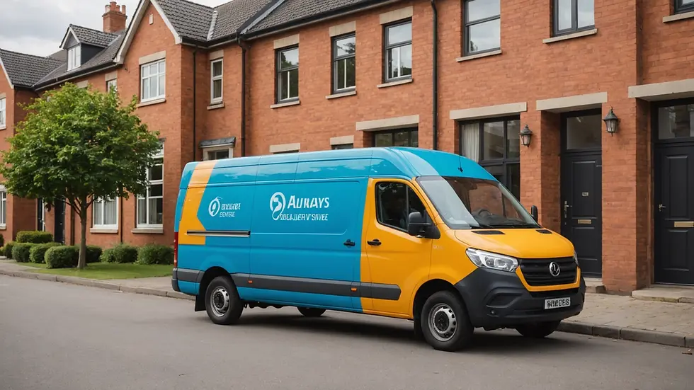 Wide angle view of local delivery service vehicle parked near residential area