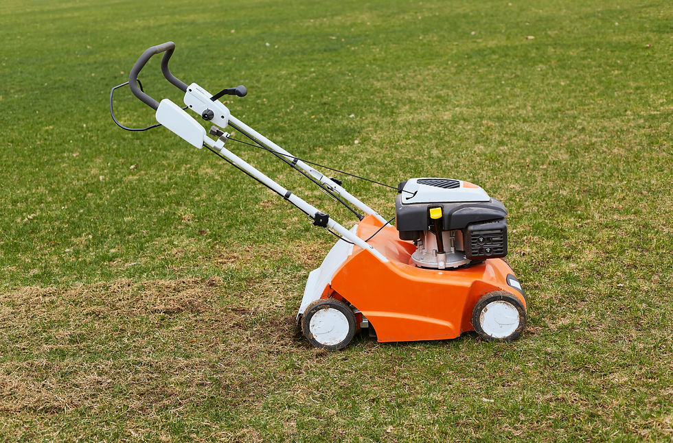 Orange lawn mower on a grassy field, partially cutting a section of grass. Overcast lighting with no visible text.
