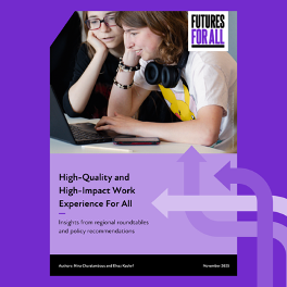 Two people focused on a laptop with headphones nearby. Text: "Futures for All." Background is purple with white arrows and a book title below.