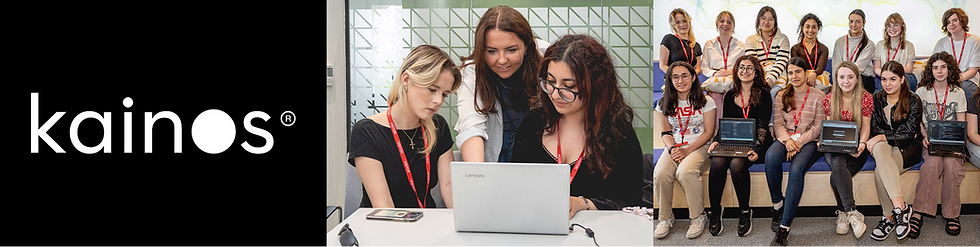 Logo reads "kainos." Group of young women with laptops display code, smiling. Casual setting, red lanyards, tech-focused atmosphere.