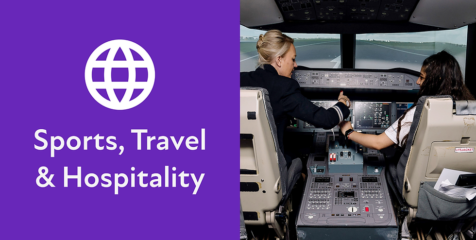 Two people in an airplane cockpit, holding controls, with runway view. Text on purple background: Sports, Travel & Hospitality.
