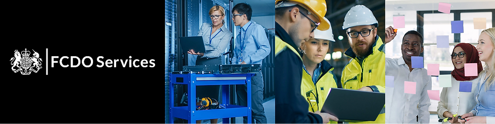 People in a server room with laptops, workers in safety gear reviewing plans, and a diverse group brainstorming with sticky notes. Text: FCDO Services.