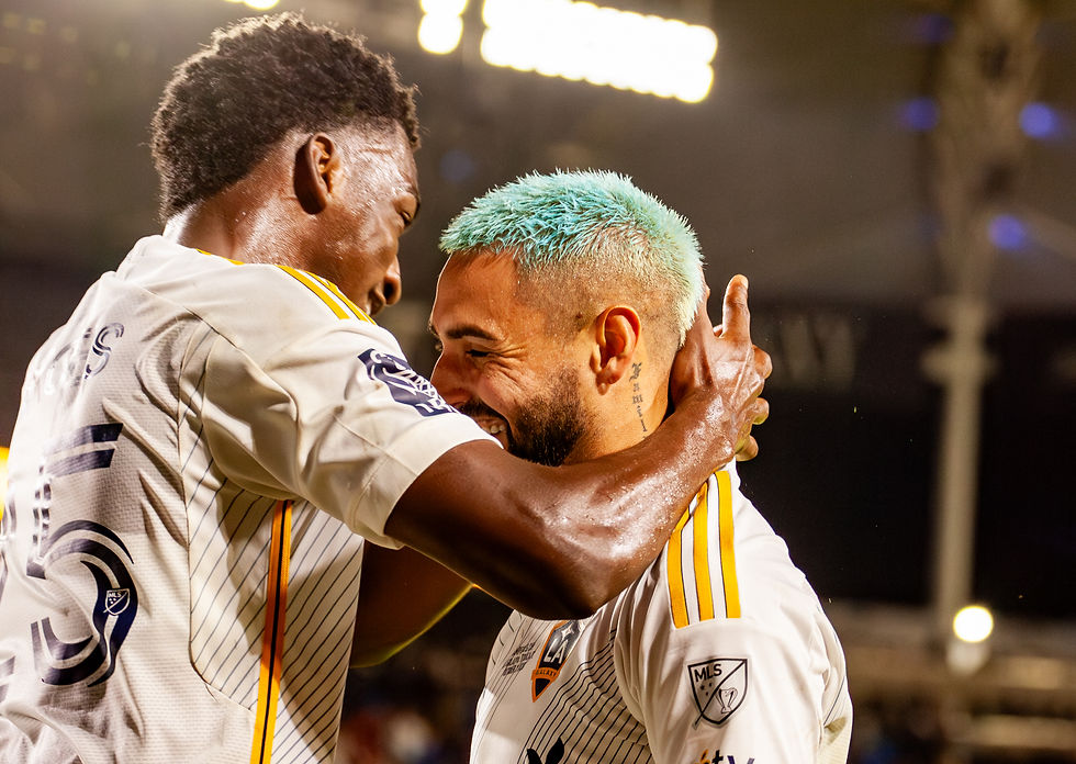 Fagúndez celebrating with Garcés after converting the PK to give Galaxy a 1-0 lead. Photo by Gilbert Bita