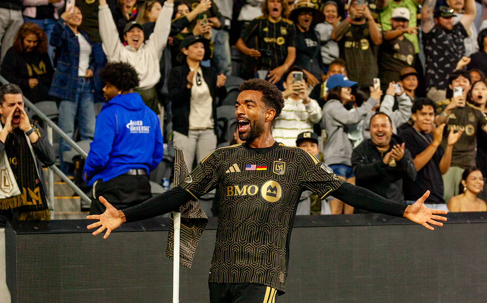 Tillman celebrates with open arms after netting against Sounders in a 1-0 win for LAFC at Home.                Photo by Gilbert Bita | Fieldtalk