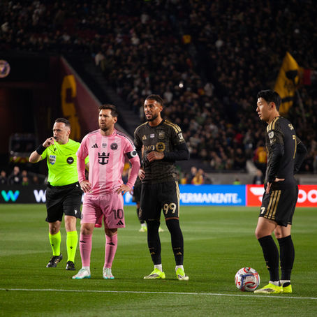 Lionel Messi, Son and Denis Bouanga during LAFC’s 3–0 victory over Inter Miami at the Los Angeles Memorial Coliseum.   Photo: Fieldtalk Media | Gilbert Bita