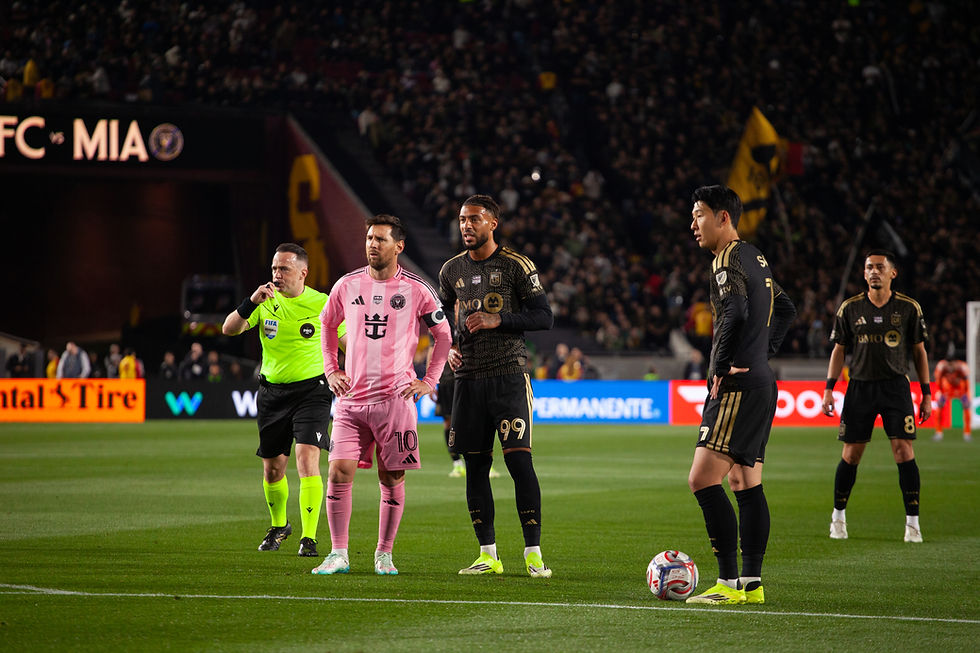 Lionel Messi, Son and Denis Bouanga during LAFC’s 3–0 victory over Inter Miami at the Los Angeles Memorial Coliseum. Photo: Fieldtalk Media | Gilbert Bita