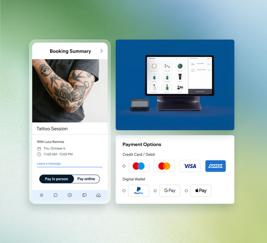 Booking summary for a tattoo session with online and in-person payment options, POS checkout system, and multiple payment methods including cards and digital wallets