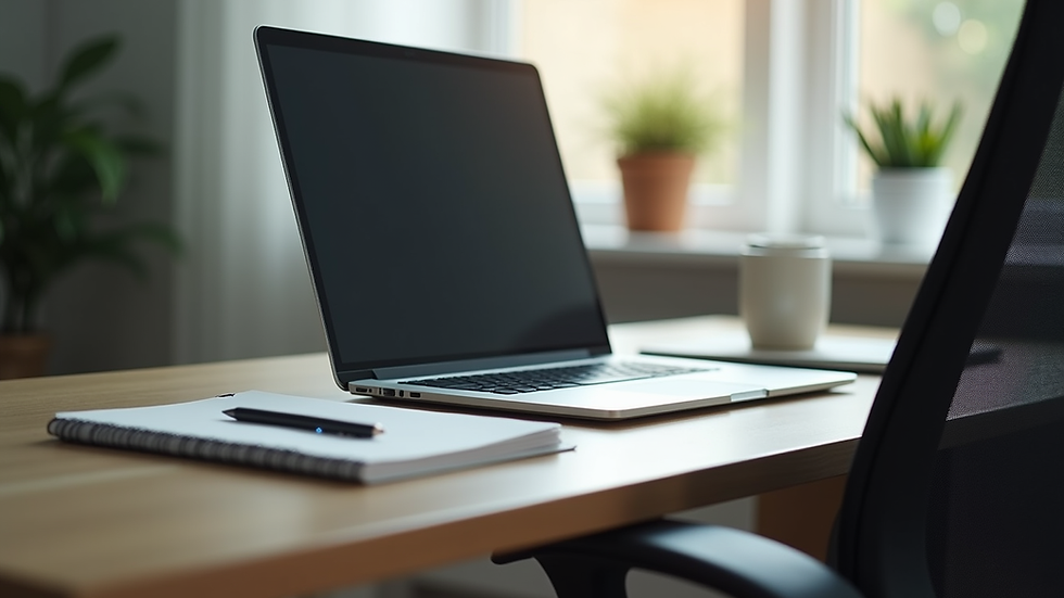 Eye-level view of a small office workspace with a laptop and notes