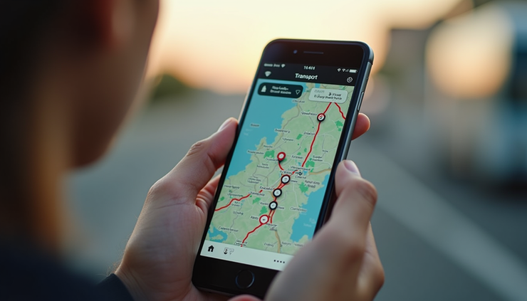 Close-up view of a smartphone displaying a transport route map with AI optimization in Southern Africa