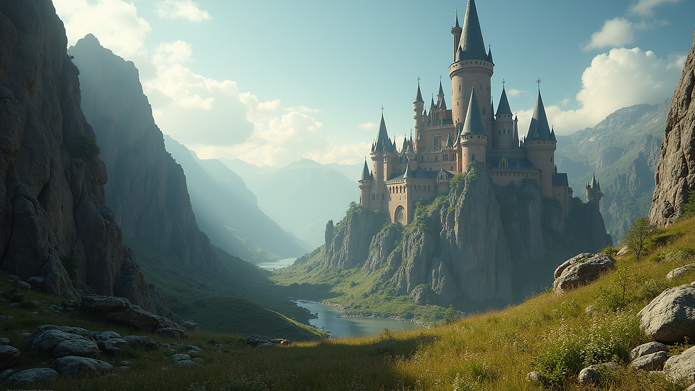 Eye-level view of a fantasy landscape with a towering castle