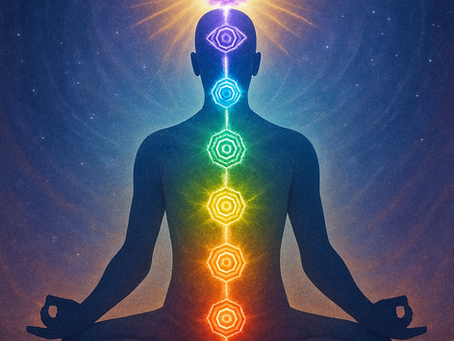 Illustration of the seven chakras showing upper chakra frequency and lower chakra energy centers during meditation.