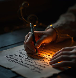 Close-up of a person writing by hand on aged paper with a warm glowing light, for Aarak's automatic writing course.